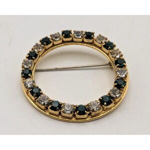 VINTAGE Gold Tone Rhinestone Circle Brooch Green Clear Crystals Pin 1.75in